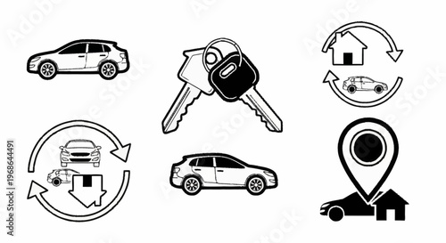 Car and Home Ownership Icons - Keys, Location, and Exchange.