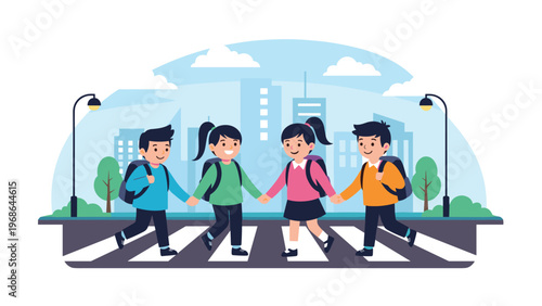 Group of school children with backpacks holding hands while walking across a city street crosswalk safely on their way to class.