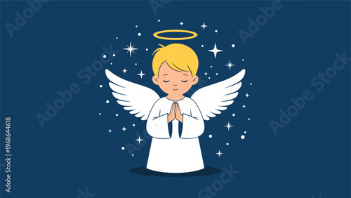 Little angel boy with golden hair and white wings praying peacefully among bright shining stars on a deep blue night sky.
