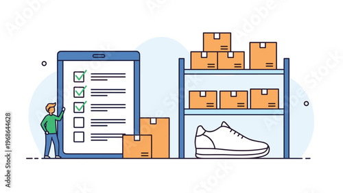 Tiny worker checking items on a massive digital tablet next to warehouse shelves stacked with brown boxes and a large shoe.