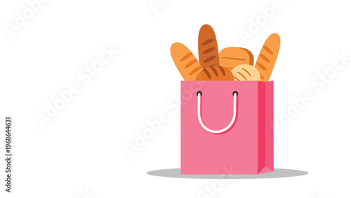 Pink paper shopping bag filled with several fresh crispy baguettes and assorted bread loaves from a local artisan bakery.