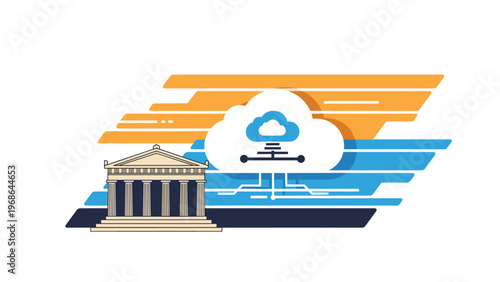 Abstract cloud computing illustration featuring a digital cloud icon and a classical greek temple for data storage.