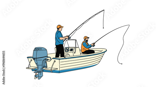 Two fishermen in a motorboat with fishing rods casting their lines into the water on a clean and simple white background.