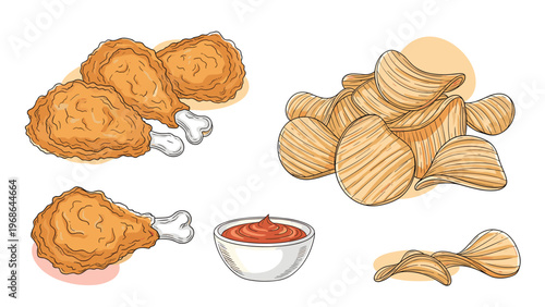 Set of hand drawn sketches featuring crispy fried chicken drumsticks, thin potato chips, and a bowl of red spicy dipping sauce.
