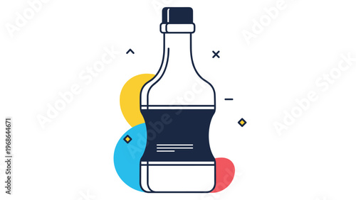 Graphic illustration of a glass bottle with a dark blue label and liquid set against abstract colorful circular shapes.
