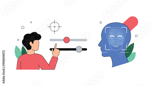 Man using a digital interface for facial recognition technology and biometric scanning system settings for high security.