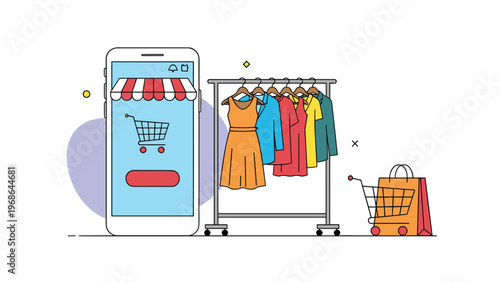 Mobile fashion shopping concept showing a smartphone with an app and a clothing rack filled with colorful dresses.