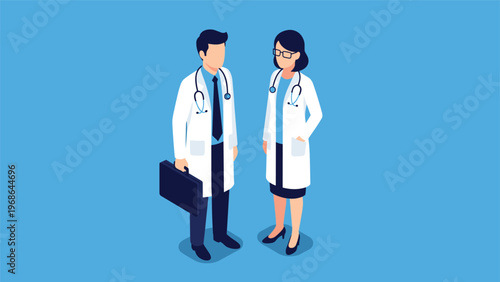 Isometric illustration of male and female doctors in white lab coats with stethoscopes standing on a solid blue background.