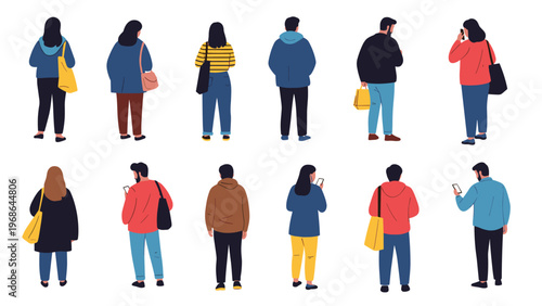 Back view silhouettes of diverse people standing in a line and using smartphones representing modern communication and lifestyle.