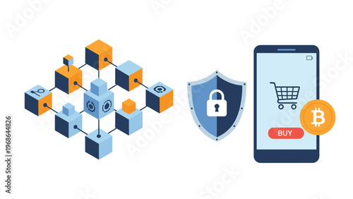 Digital payment security concept illustration shows blockchain technology, protective shield with lock, and bitcoin on a smartphone.
