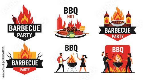 Barbecue party logos and scenes feature people grilling meat over open flames with professional emblems and outdoor equipment.