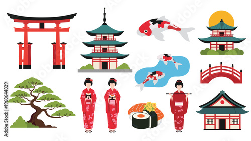 Japanese cultural landscape elements feature traditional pagodas, torii gates, geisha figures, koi fish, and sushi for branding.