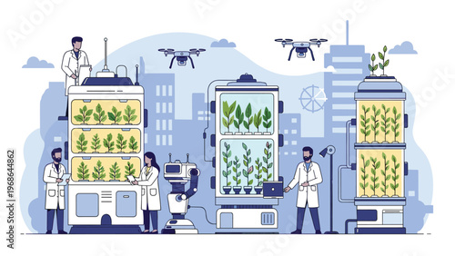 Future of agriculture illustration depicts scientists in a high-tech indoor vertical farm using drones and robotics to grow plants.
