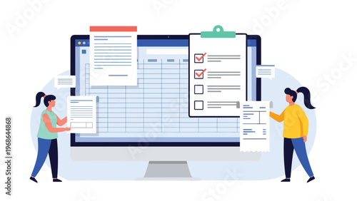 Professional accountants managing financial spreadsheets and digital documents on a computer screen for efficient bookkeeping.