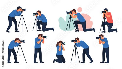 Professional photographer poses collection shows men and women in various positions with digital cameras and tripods for media work.