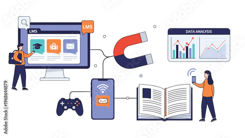 Educational technology and digital learning management system illustration shows a man connecting devices for online study.