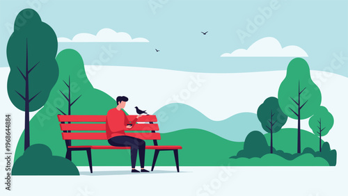Man sitting on a red park bench feeding a pigeon in a serene natural landscape with green trees and hills during a peaceful day.