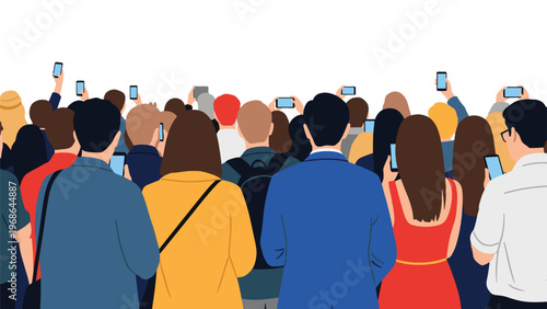 Large group of people from a back view perspective use their smartphones to take photos and record videos during a public show.