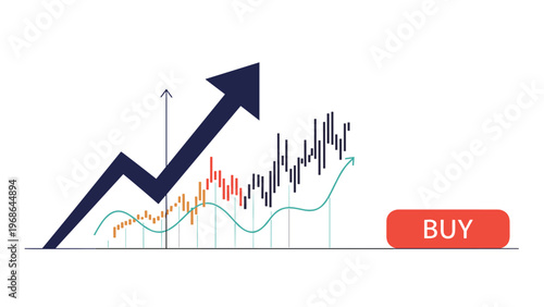 Financial stock market growth chart shows rising price trends with arrows and a buy button representing successful trading.