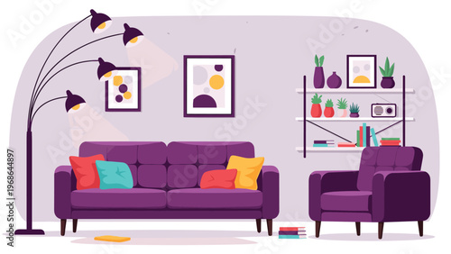 Comfortable living room interior design features a purple sofa with colorful pillows, stylish floor lamp, and wall art for a home.