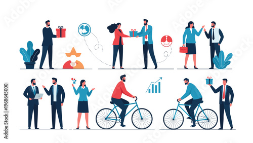 Set of various business people activities like giving gifts having conversations riding bicycles and analyzing growth charts.