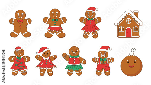 Festive collection of christmas themed gingerbread cookies including gingerbread men women a decorated house and a round ornament.
