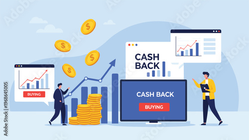 Financial cash back and reward program concept with business people standing next to screens displaying growth charts and falling coins.