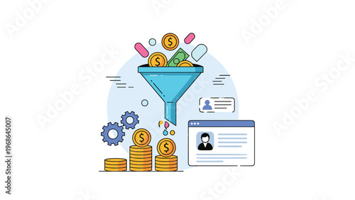 Marketing sales funnel concept showing money coins and social media profile icons being converted into profit through a digital process.