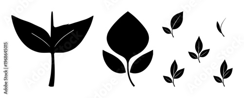 Leaf set with solid black icon on white background featuring corporate social responsibility icon, environmental, sustainability with green design and zero waste
