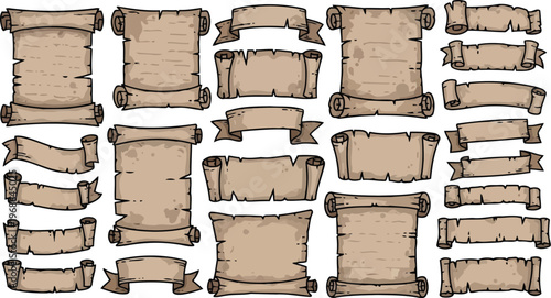 Cartoon tattered parchment scrolls and torn ribbon banners