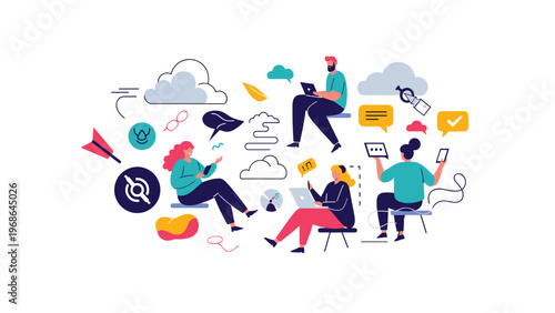 Creative group of people using different electronic gadgets like laptops and tablets surrounded by abstract icons and cloud shapes.