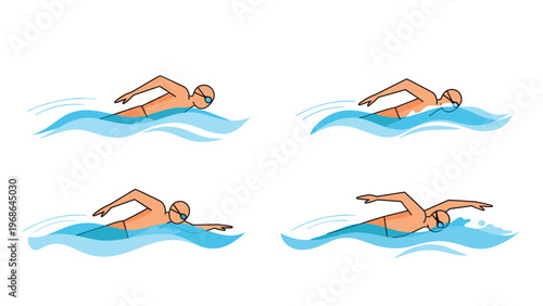 Sequence of four illustrations showing the stages of a swimmer performing freestyle stroke in blue wavy water.