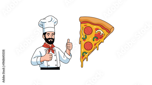 Friendly male chef wearing a white uniform and hat giving thumbs up next to a large appetizing slice of pepperoni pizza.