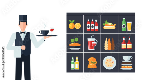 Professional waiter holding a tray with coffee and wine standing next to a grid of various food and drink menu icons.