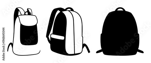 Student backpack silhouette set with solid black outline against white background featuring backpack, luggage, travel scenery with student life and education