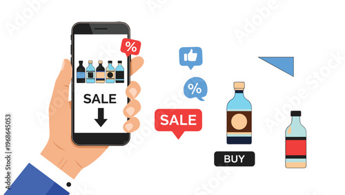 Online shopping and sale concept showing a hand holding a smartphone with product icons and discount bubbles on the screen.