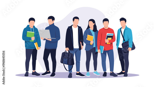 Group of six diverse students standing together while carrying books laptops and bags against a soft purple background.