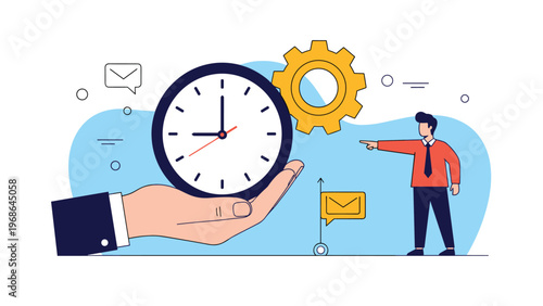 Time management and productivity concept featuring a hand holding a clock gear icon and a man pointing towards a goal.