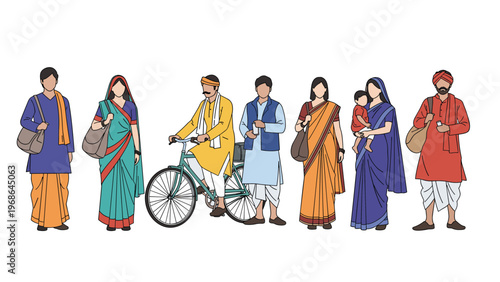 Diverse group of indian men and women in traditional clothing like saris and dhotis standing together with a bicycle and baby.