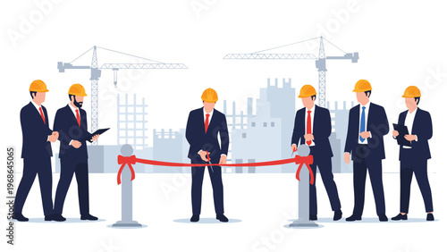 Formal ribbon cutting ceremony at a construction site with professional businessmen and architects wearing hard hats and suits.