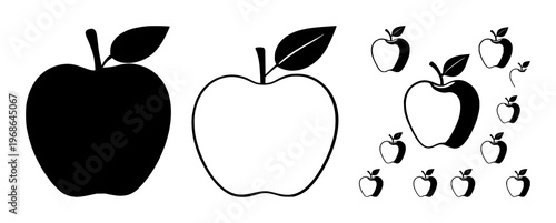 Apple teacher icon set with solid black outline on white background featuring teacher symbol, education, apple icon with educational and teaching elements