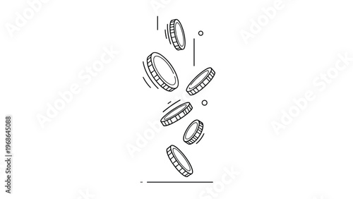 Minimalist black and white line art illustration of several coins falling down through the air onto a flat surface.