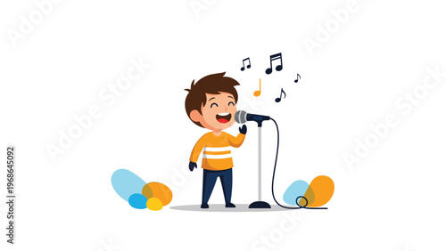 Cheerful young boy singing happily into a microphone stand with musical notes floating in the air around him.