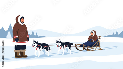 Eskimo people with a traditional dog sled pulled by two huskies in a snowy winter landscape with distant mountains.