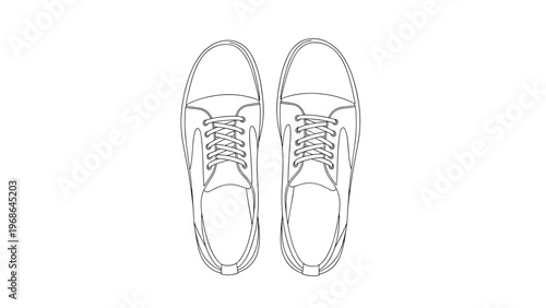 Detailed top view line drawing of a pair of casual lace-up sneakers showcases the design and symmetry of everyday footwear.