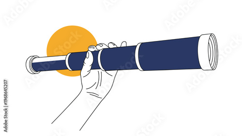 Person holds a long blue and white telescope against a bright yellow circular background to look toward the distant future and goals.