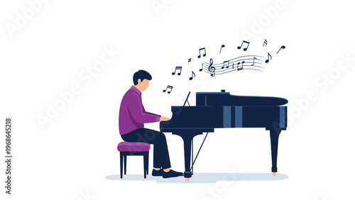 Focused man sits on a purple stool and plays a grand piano as flowing musical notes float gracefully above the instrument.