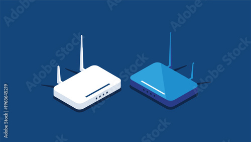 Two modern wireless internet routers in white and blue colors are shown in an isometric view on a dark blue background.