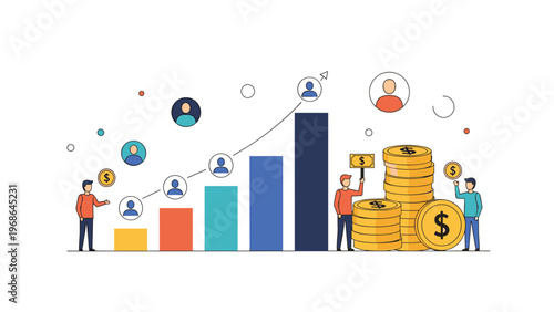 Successful business team observes a rising bar graph alongside stacks of golden coins and profiles of team members in bubbles.