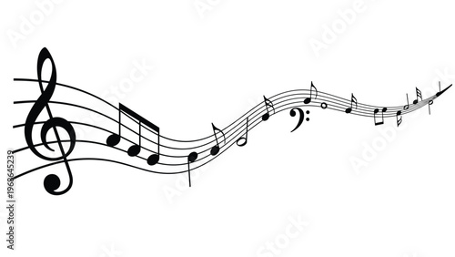 Flowing stream of black musical notes and symbols moves across a staff with a treble clef representing a harmonious melody.